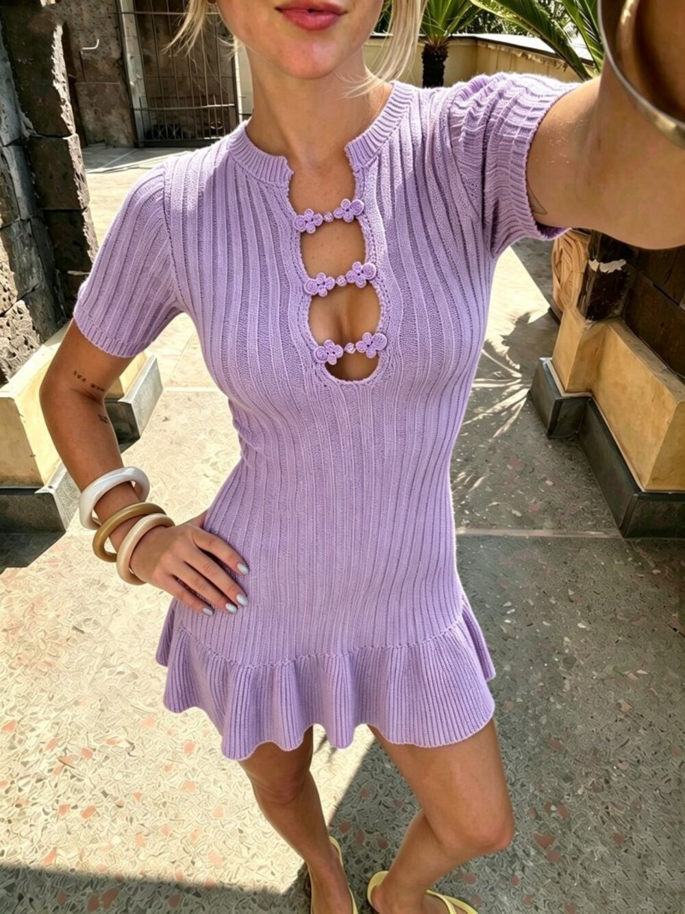 Purple Casual Women's Cut Out Ruffle Hem Slim Fit Round Neck Mini Dress